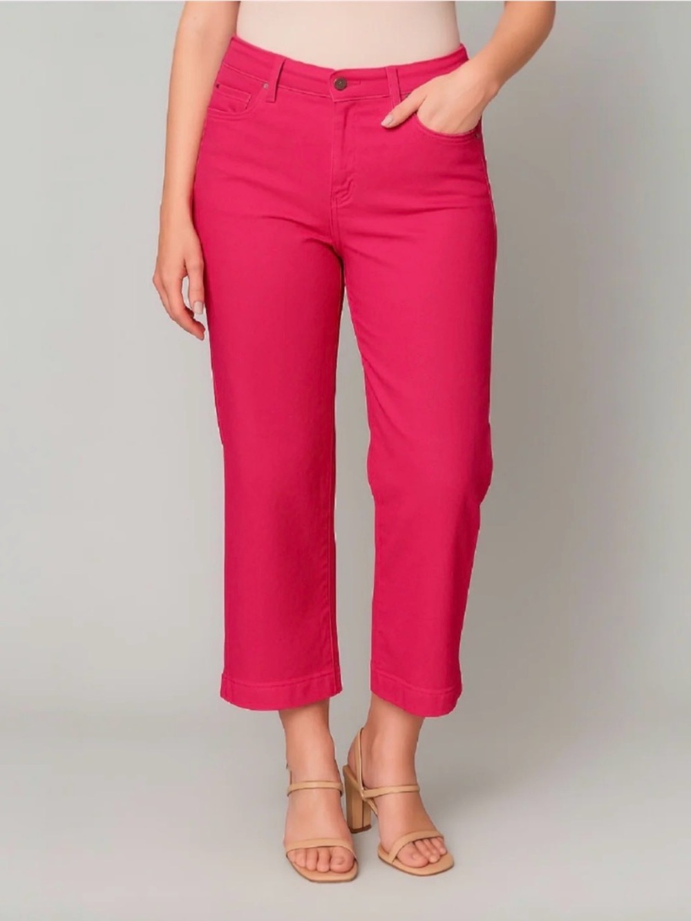 Women's Pink Wide Leg Crop Pants Soft Stretch Denim Look